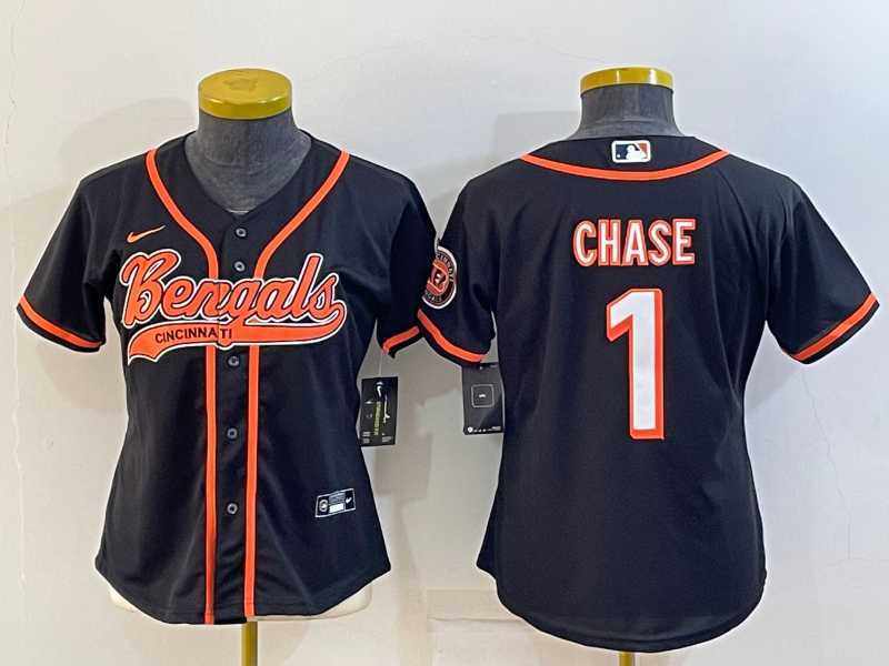 Womens Cincinnati Bengals #1 JaMarr Chase Black With Patch Cool Base Stitched Baseball Jersey->women nfl jersey->Women Jersey